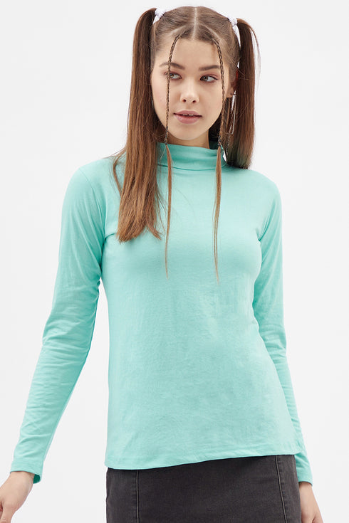 Women Sky Blue Highneck Full sleeves T-shirt